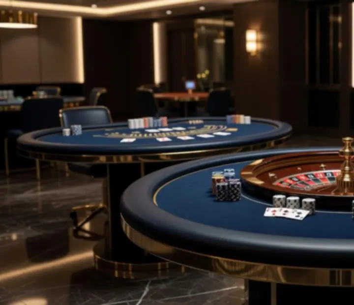 Profesjonalne stoły do pokera, ruletki i blackjacka przygotowane na eleganckie wydarzenie korporacyjne.