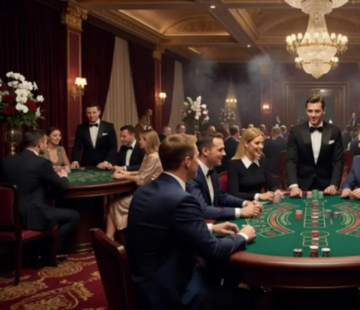 Kinowa, kasynowa scenografia eventu z eleganckimi stołami i oświetleniem.