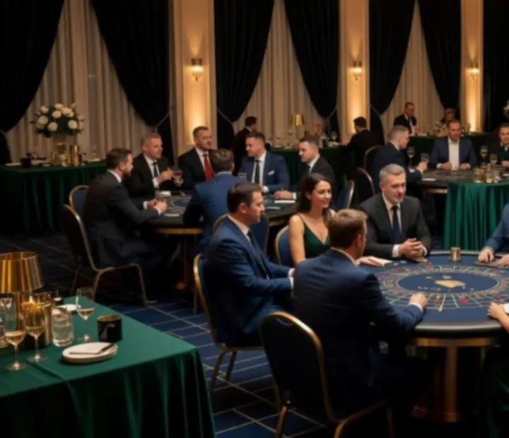 Elegancki bankiet firmowy z profesjonalnymi stołami do gier i nastrojowym oświetleniem.