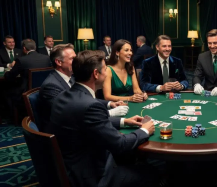 Stylowe stoły pokerowe i goście grający podczas eventu