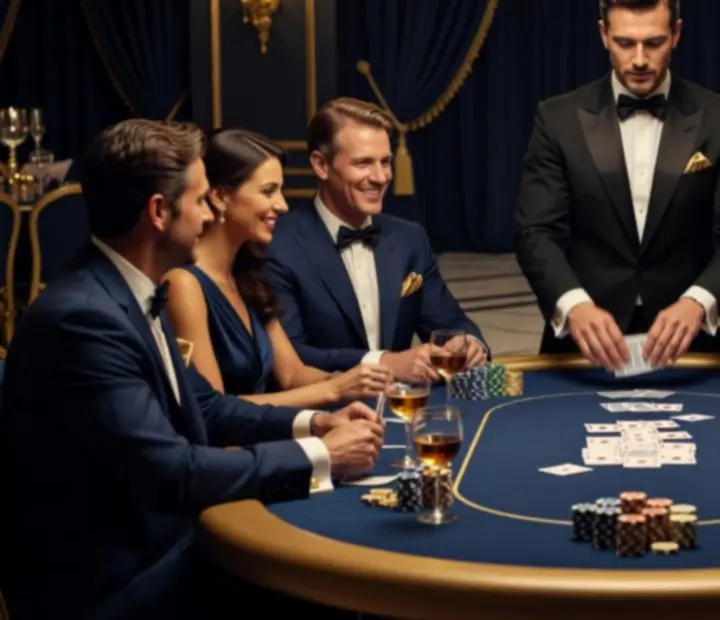 Profesjonalna rozgrywka przy stołach kasynowych prowadzona przez krupiera podczas eleganckiego eventu