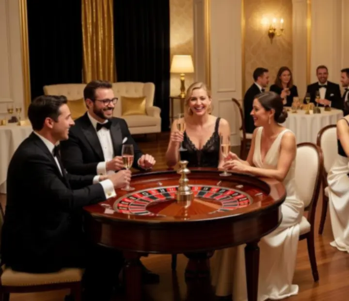Prywatna impreza tematyczna z gośćmi bawiącymi się przy elegancko przystrojonym stole