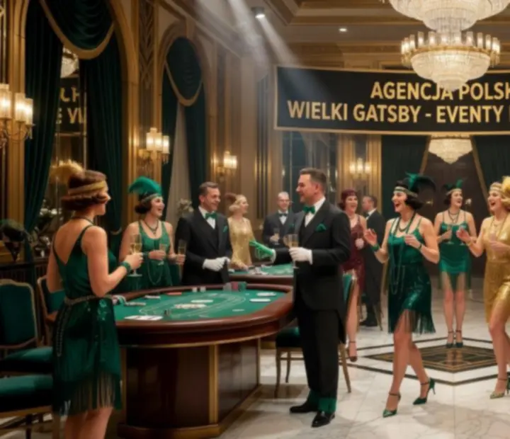 Wieczór w stylu Wielkiego Gatsby'ego z elegancką scenografią i gośćmi.